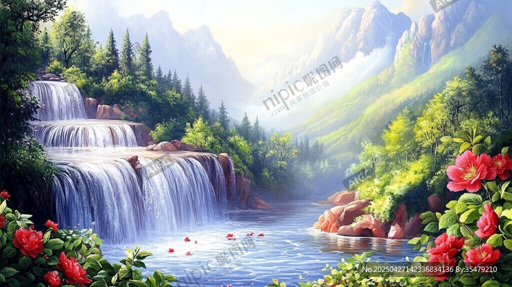山間瀑布旁的爛漫花卉景觀