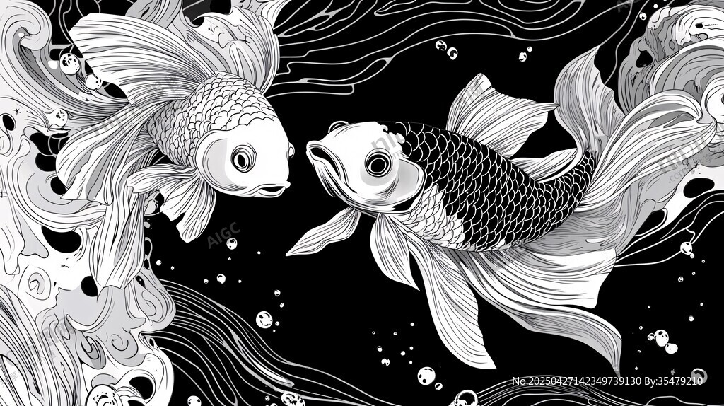 黑白雙金魚繪于水墨間