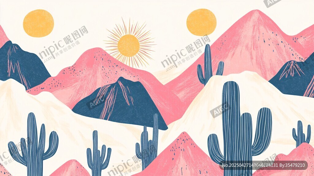 沙漠日出仙人掌風景插畫