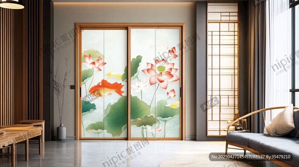 中式荷花金魚(yú)圖案推拉門(mén)