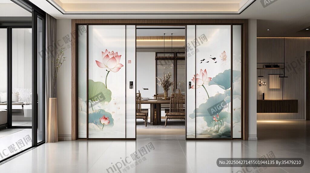 中式荷花圖案玻璃推拉門(mén)
