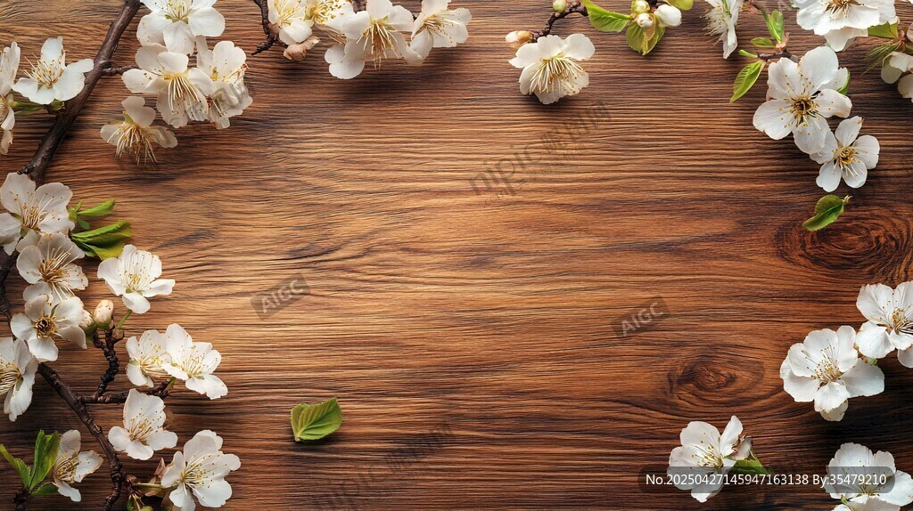 木質(zhì)桌面綻放的白色春花