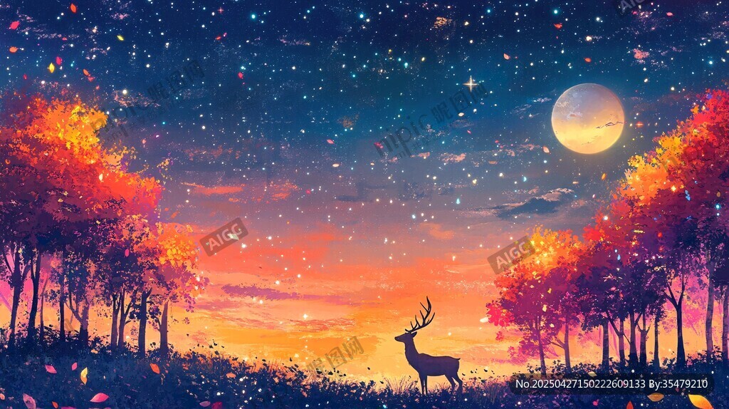 夢幻星空下的林間鹿影