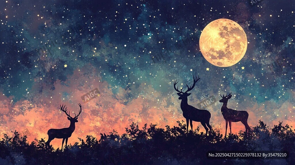 月夜下的鹿群夢幻景象
