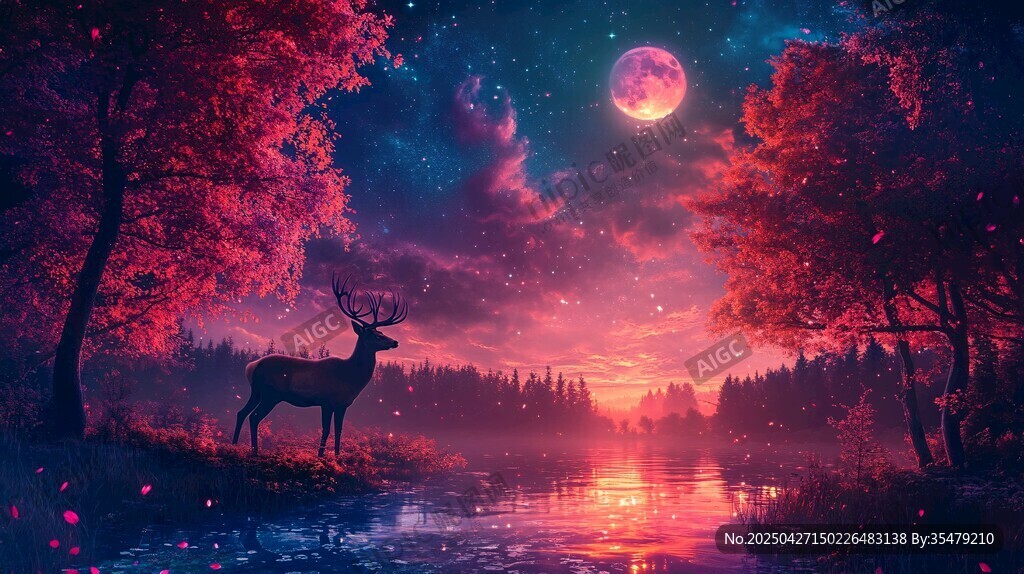 夢幻月夜下的森林與鹿