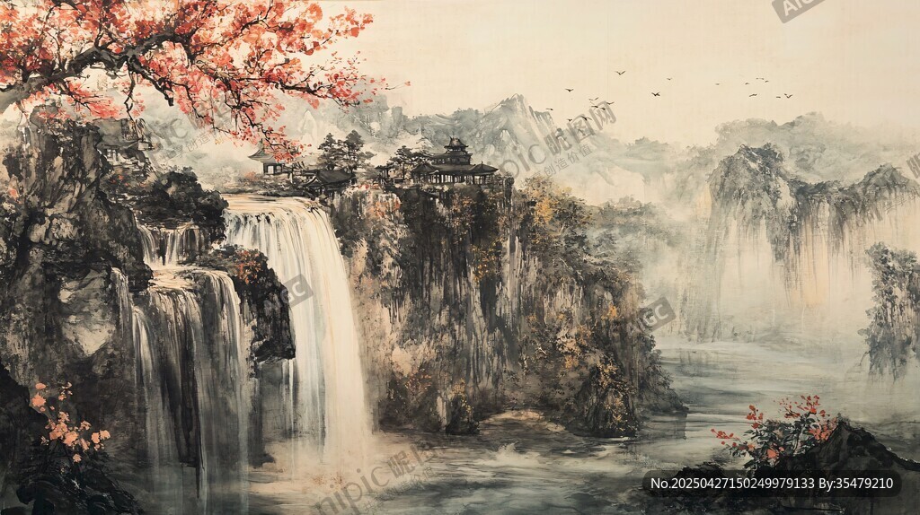 水墨山水間的詩意瀑布景