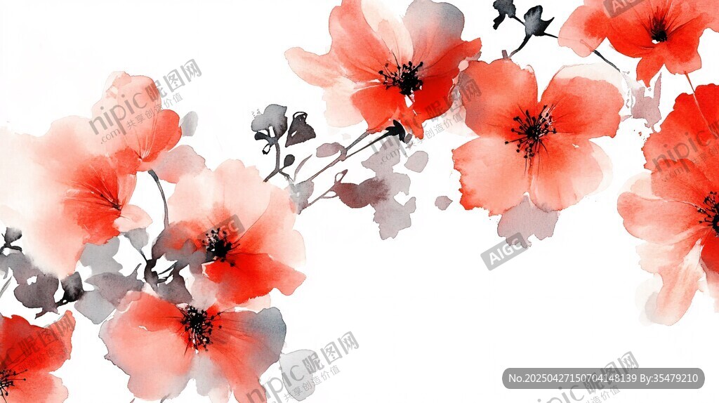 水墨紅花綻放優(yōu)雅之美