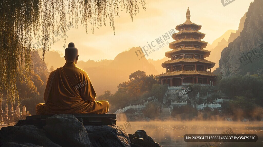 僧人靜坐在山水古寺前