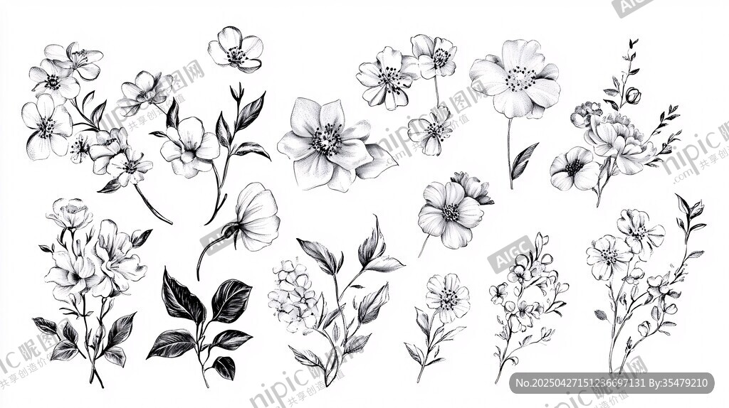 黑白花卉手繪插畫素材