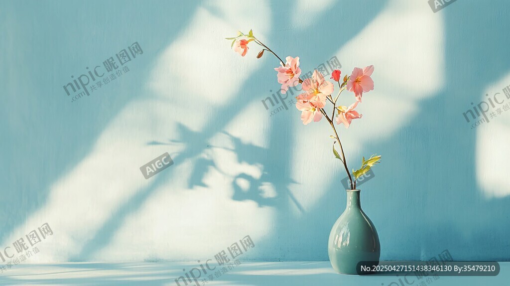 淡藍背景下的花瓶粉色花枝