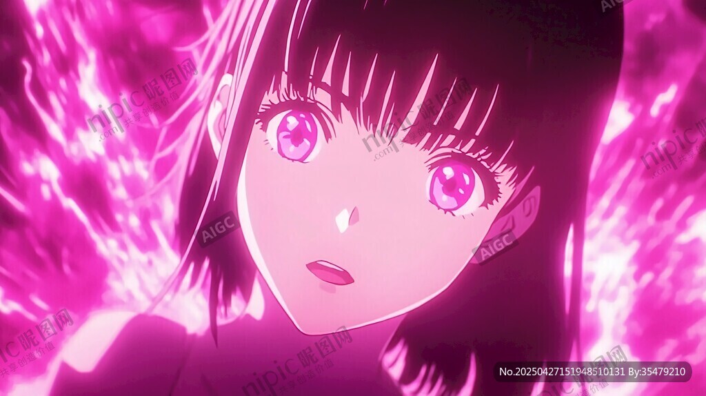 粉紫光芒中的動漫美少女