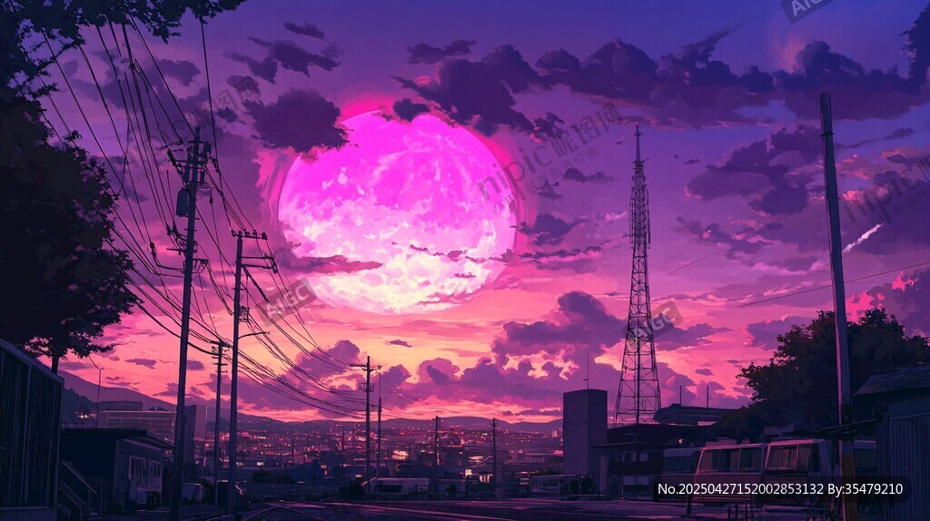 夢幻紫日下的靜謐街道