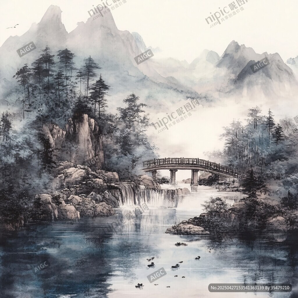 水墨山水間的靜謐古橋