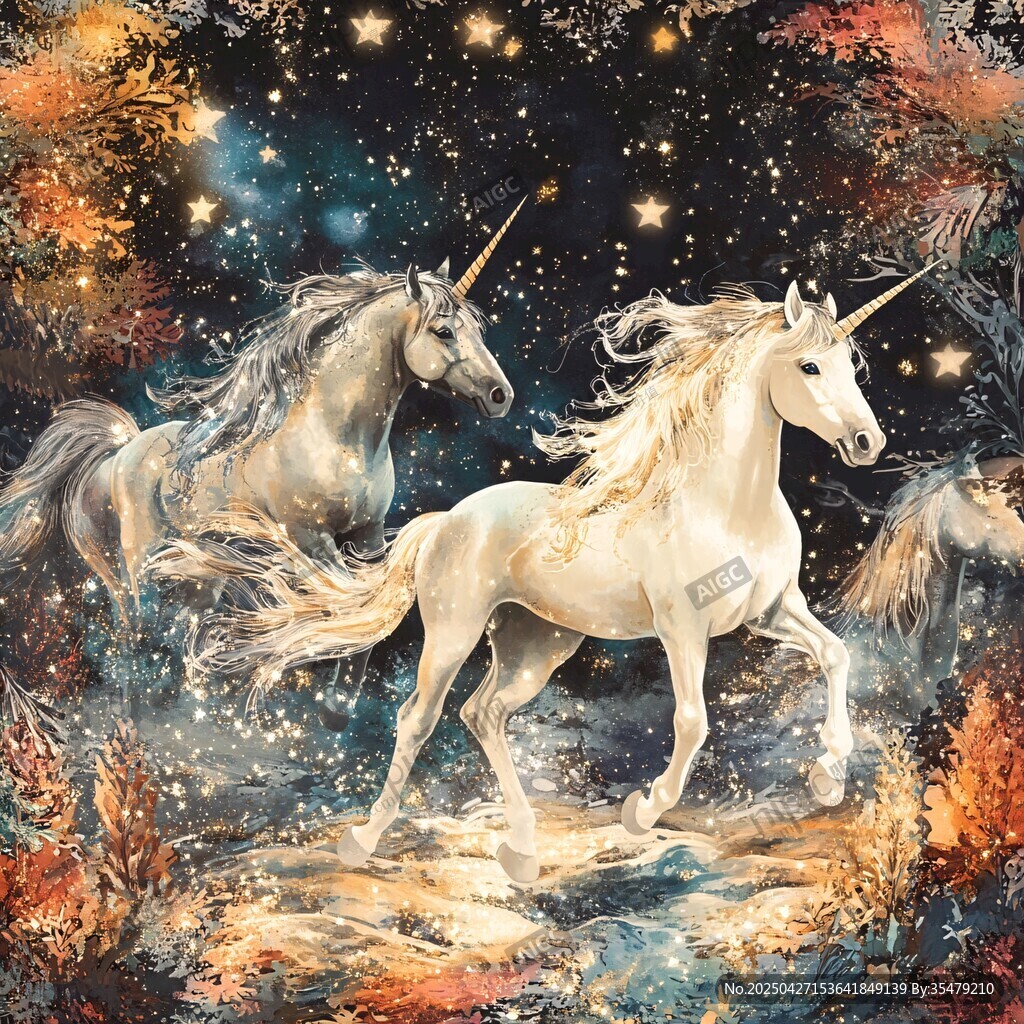 夢(mèng)幻獨(dú)角獸在星夜森林馳騁