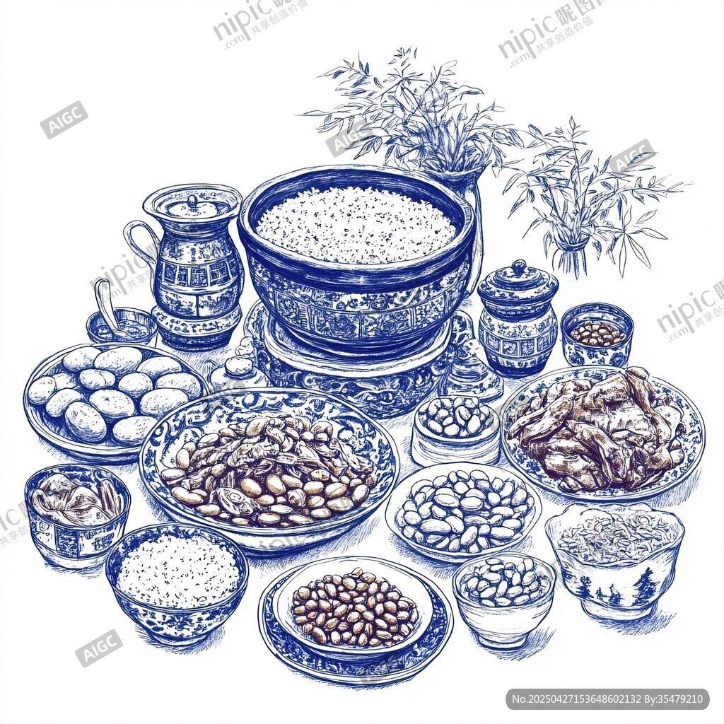 青花瓷繪中式美食與糧物