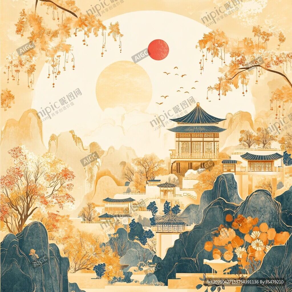 秋日古風(fēng)山水樓閣圖