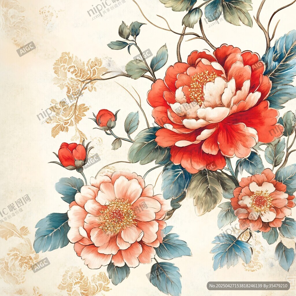 中式牡丹花卉復(fù)古風(fēng)插畫(huà)