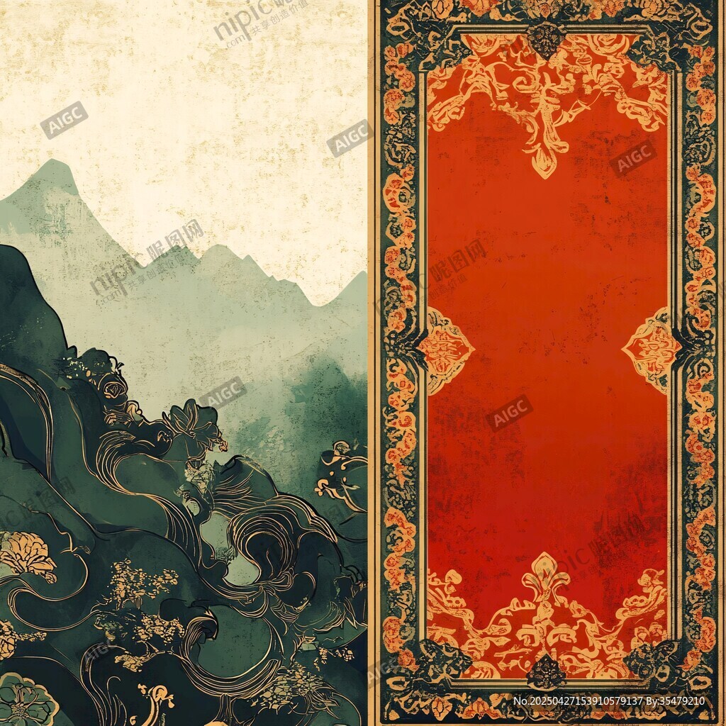 中式古典山水與華麗紋飾圖