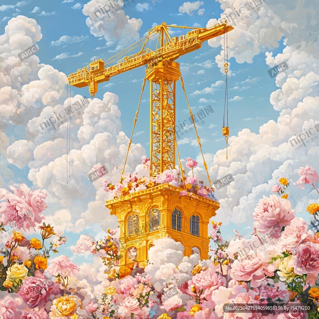 夢幻塔吊立于繁花云海間