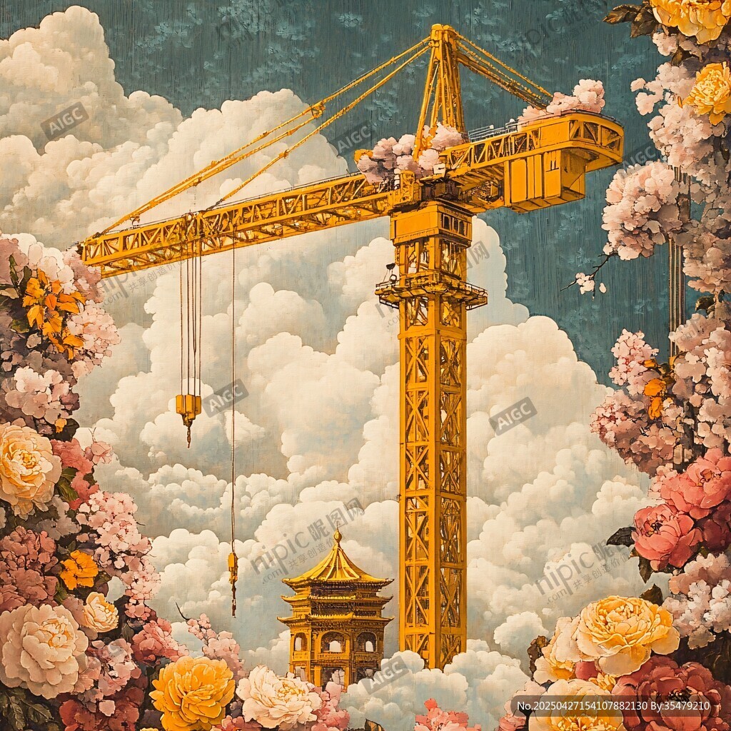 云中塔吊伴繁花與古亭