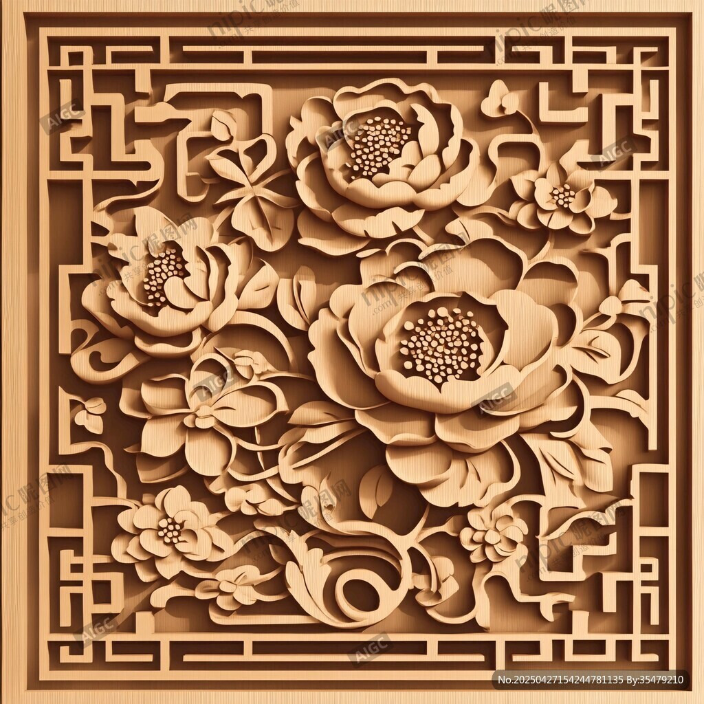 中式木雕牡丹花紋飾圖案