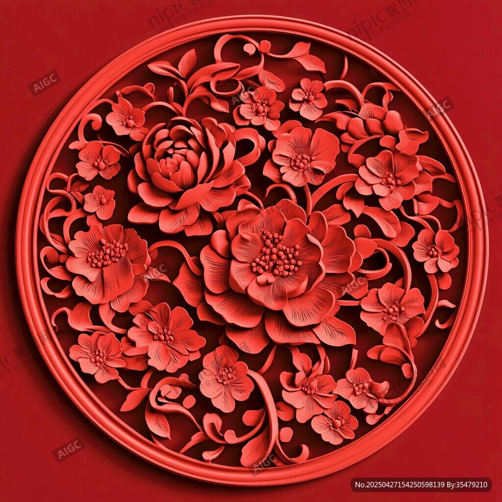 圓形紅雕花卉藝術圖案