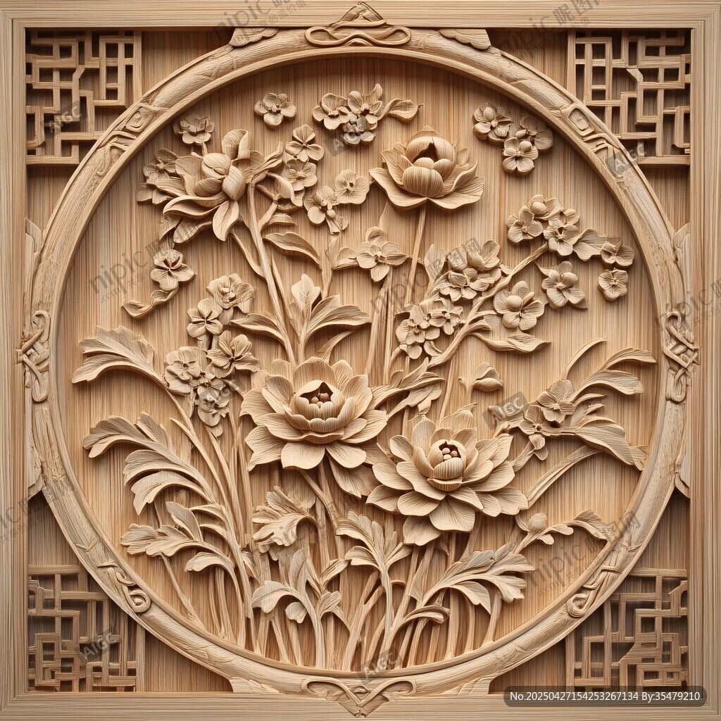 中式木雕花卉圓形裝飾圖案