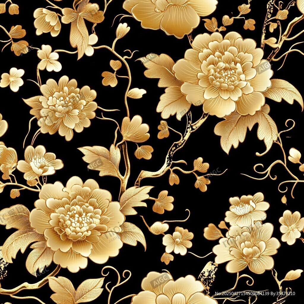 金色牡丹花卉黑色背景圖案