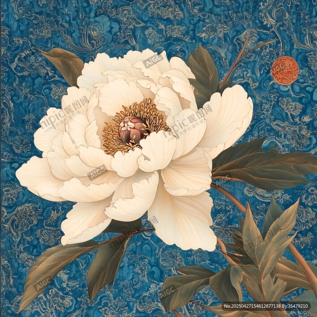 蓝底白牡丹中式精美花卉图 蓝底白牡丹中式精美花卉图