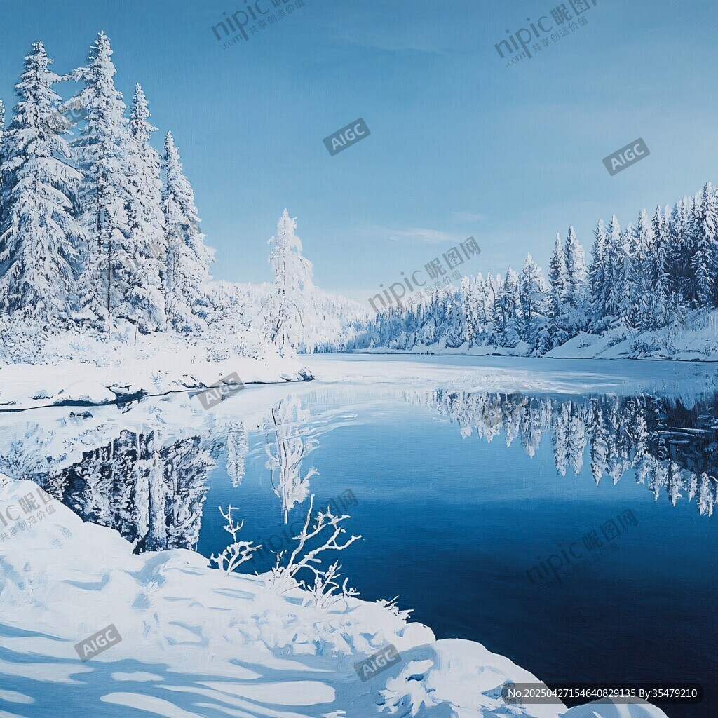 冬日靜謐雪景河流森林