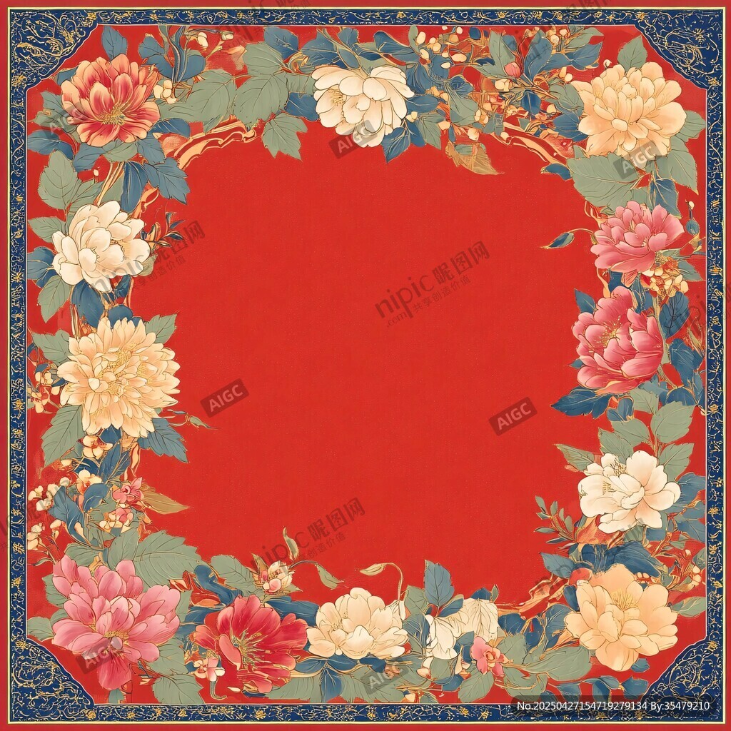 中式紅底花卉邊框圖案