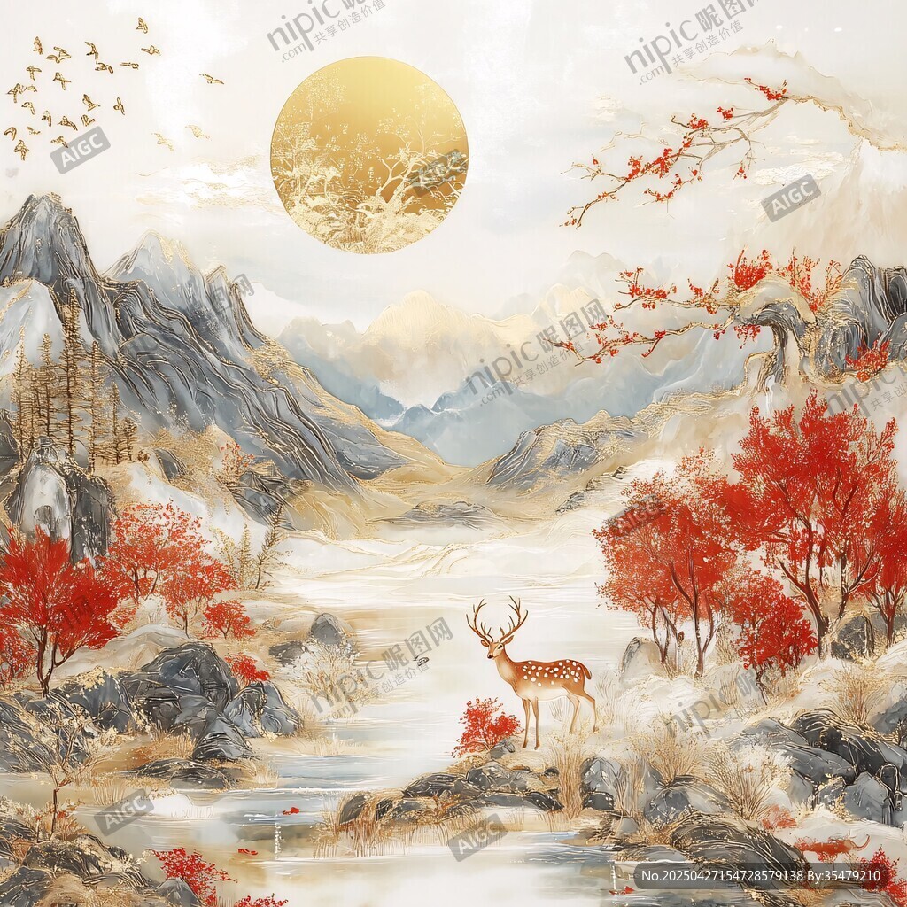 秋日山林鹿影圖
