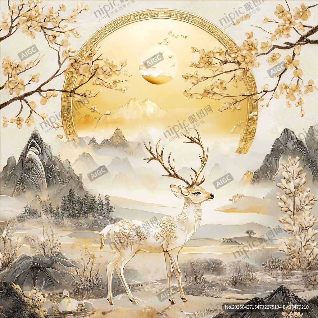 金韻仙鹿伴山水圓月圖