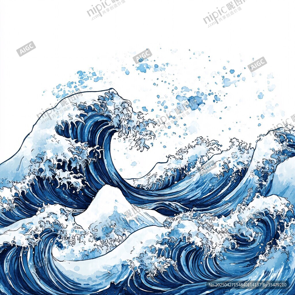 藍色水彩風(fēng)洶涌海浪圖景