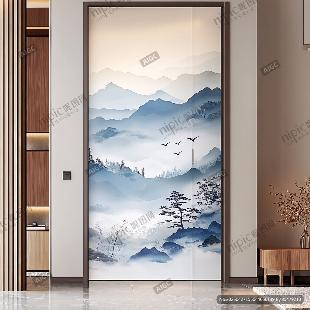 中式山水風(fēng)入戶門裝飾畫