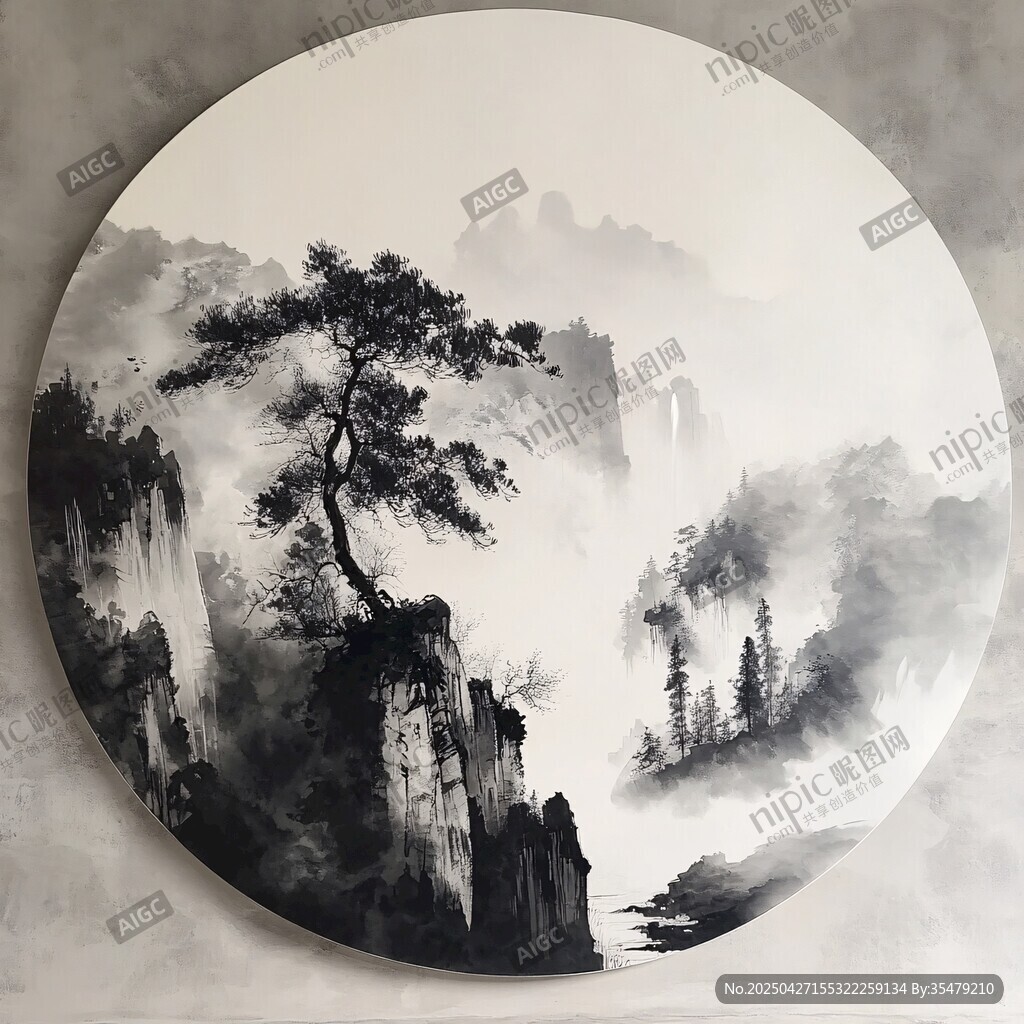 水墨山水圓畫意境悠遠(yuǎn)