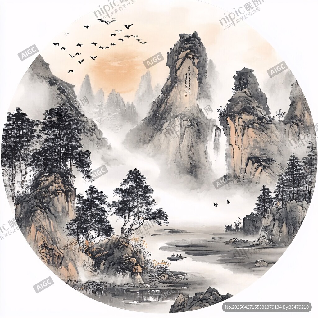 水墨山水間飛鳥繞奇峰
