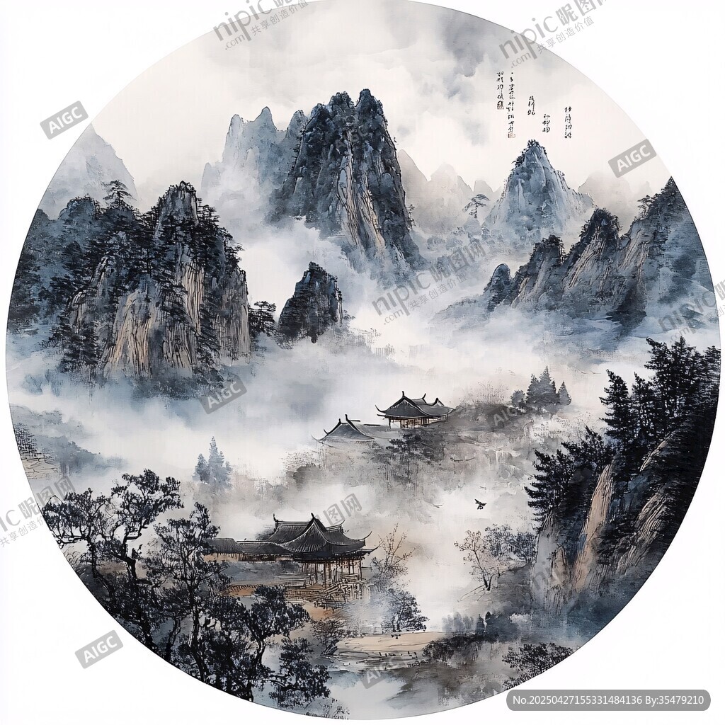 水墨山水間的古韻樓閣