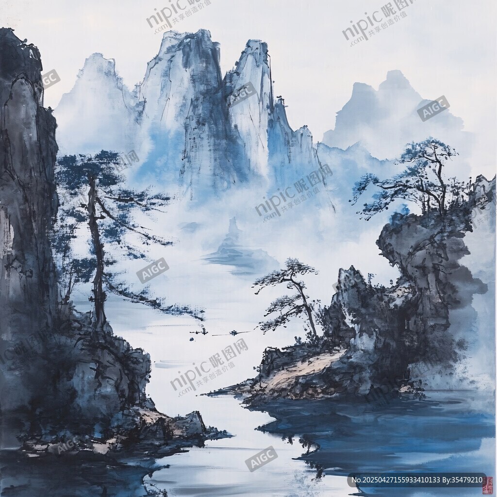 水墨山水間 松立奇峰旁