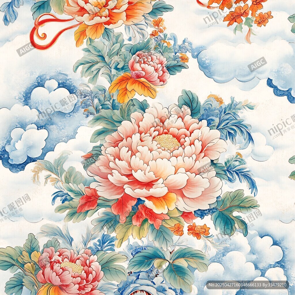 中式牡丹云紋精美圖案