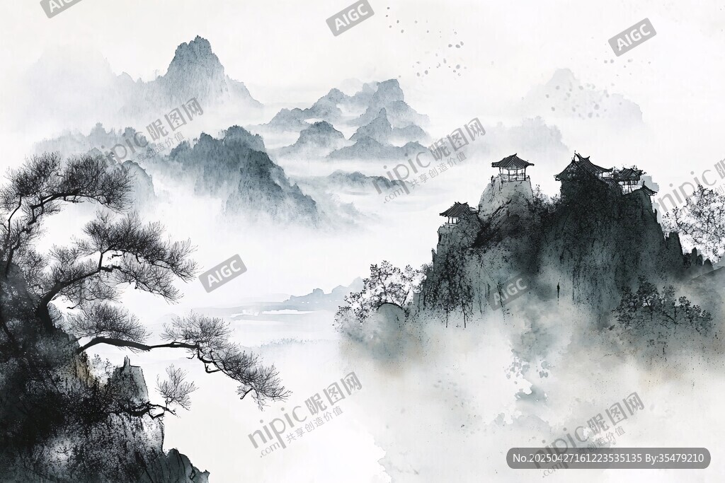水墨山水間的古韻樓閣