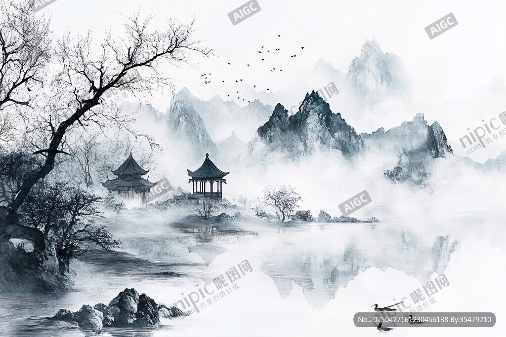 水墨山水間的靜謐亭閣