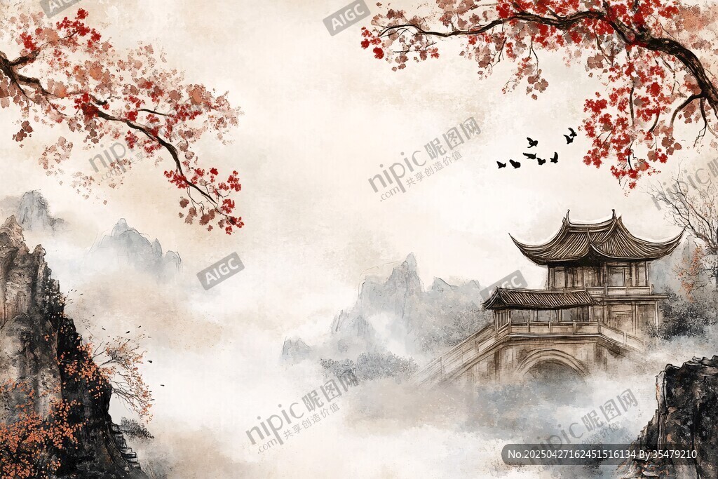 水墨古風(fēng) 亭臺山水紅葉景