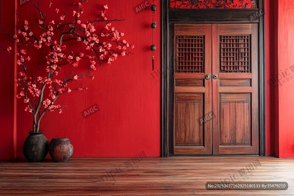 中式紅墻木門與繁花景致