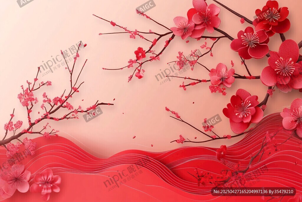 紅梅綻于紅波背景中