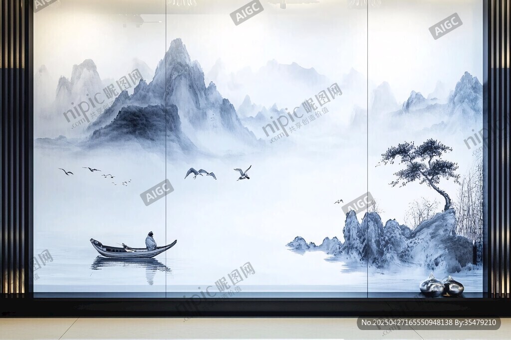 水墨山水間的悠然泛舟圖
