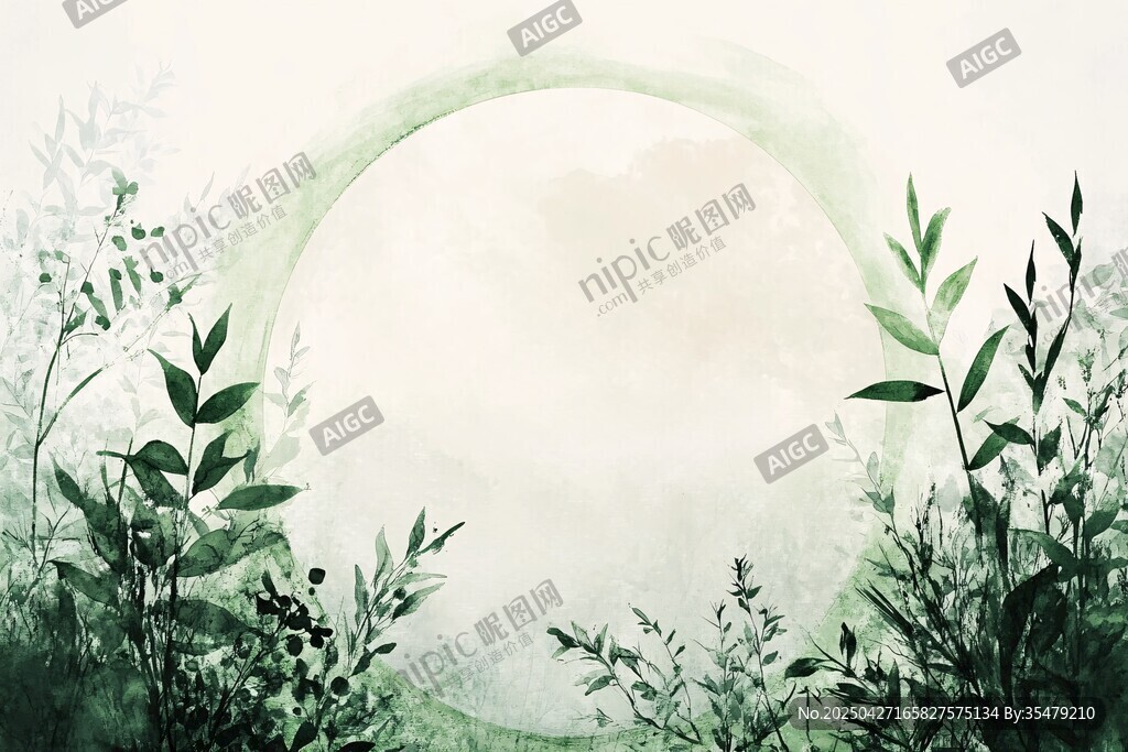 水墨綠植圓形詩(shī)意背景圖
