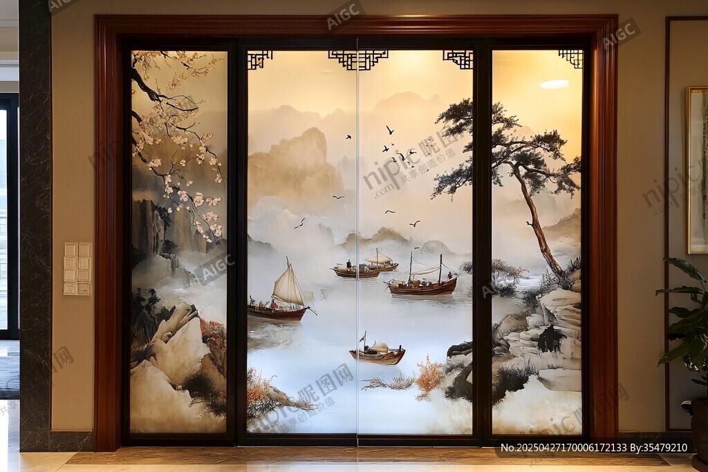 中式山水藝術玻璃隔斷