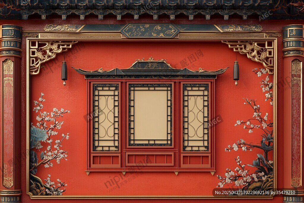 中式紅墻門窗典雅景致