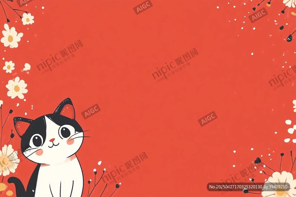 紅底花貓花卉可愛插畫